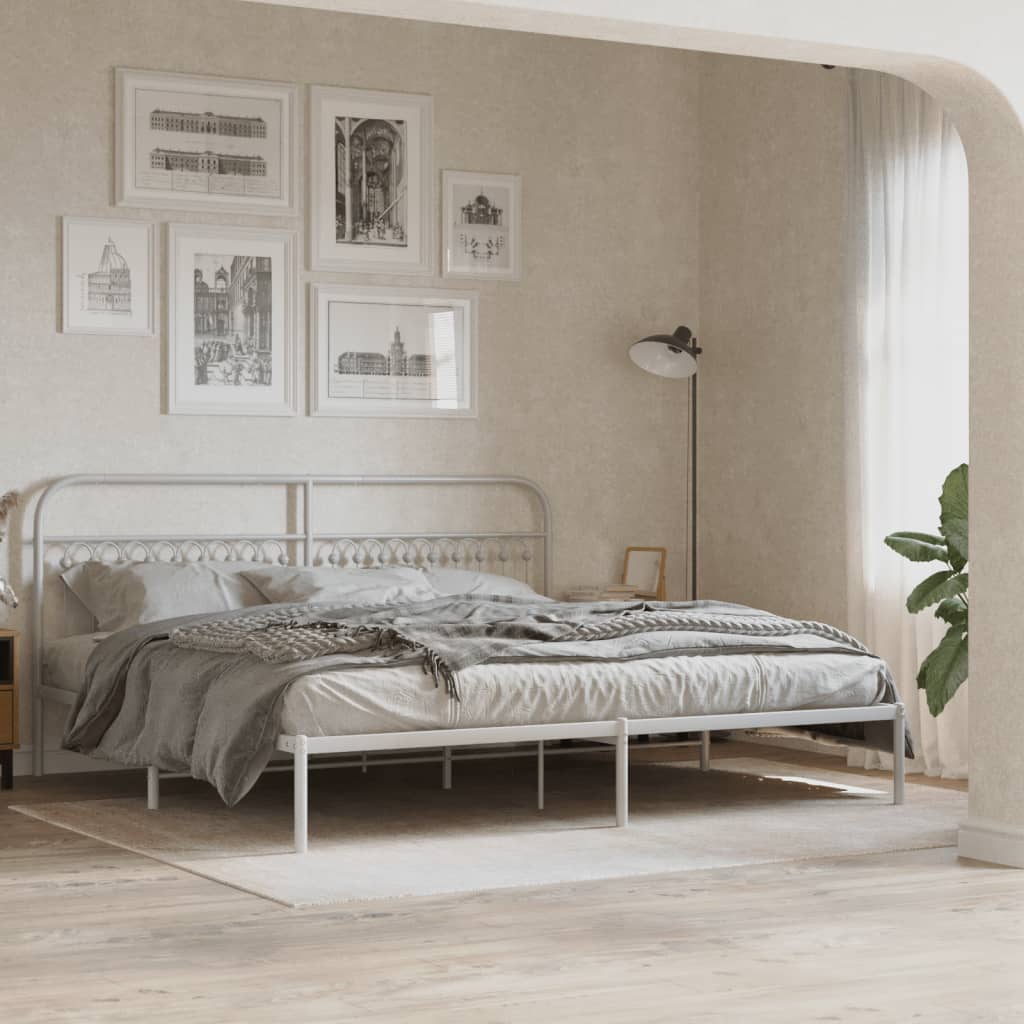 Metal Bed Frame without Mattress with Headboard White 200x200cm