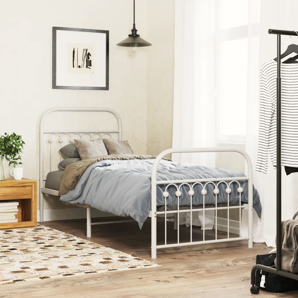Metal Bed Frame without Mattress with Footboard White 75x190cm