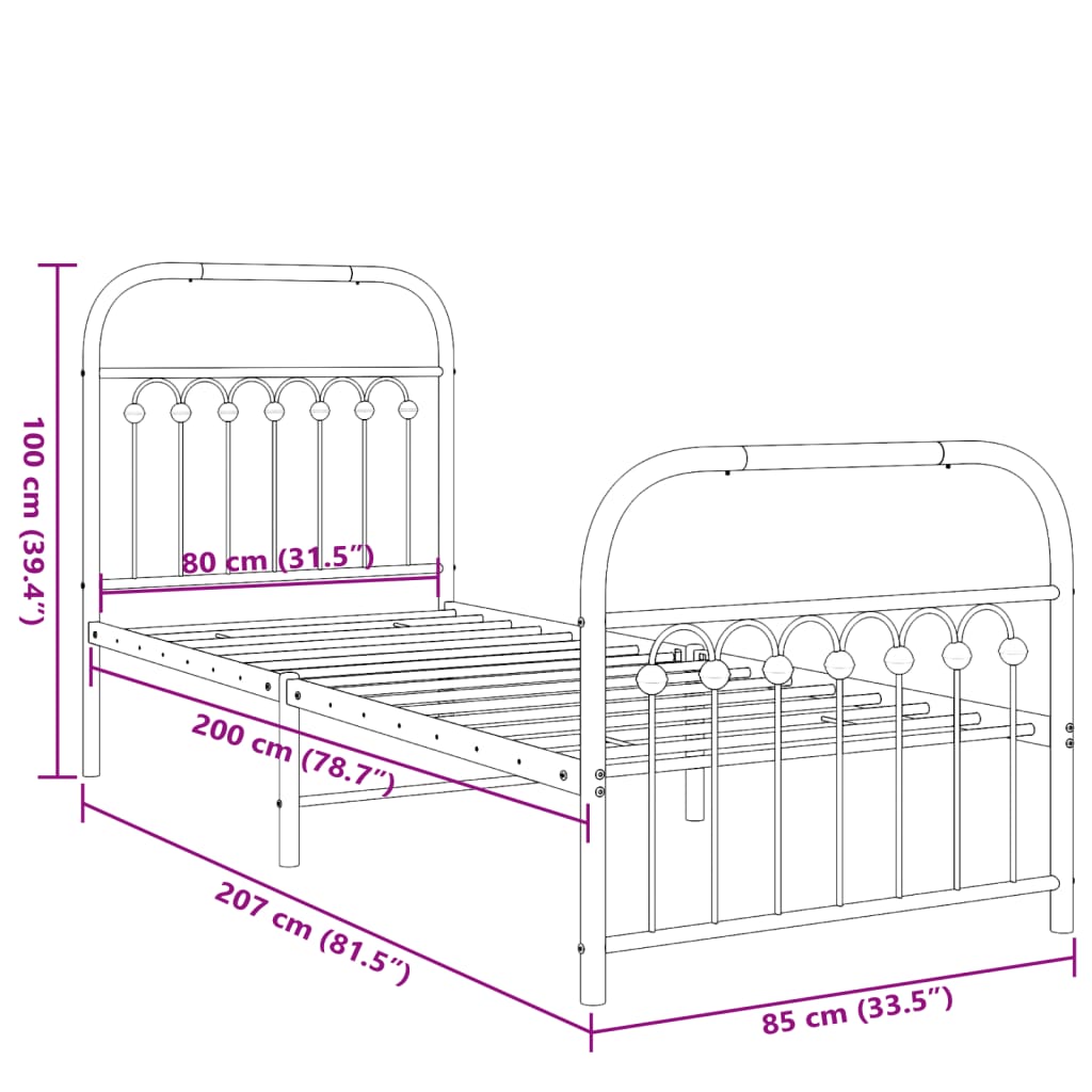 Metal Bed Frame without Mattress with Footboard White 80x200cm