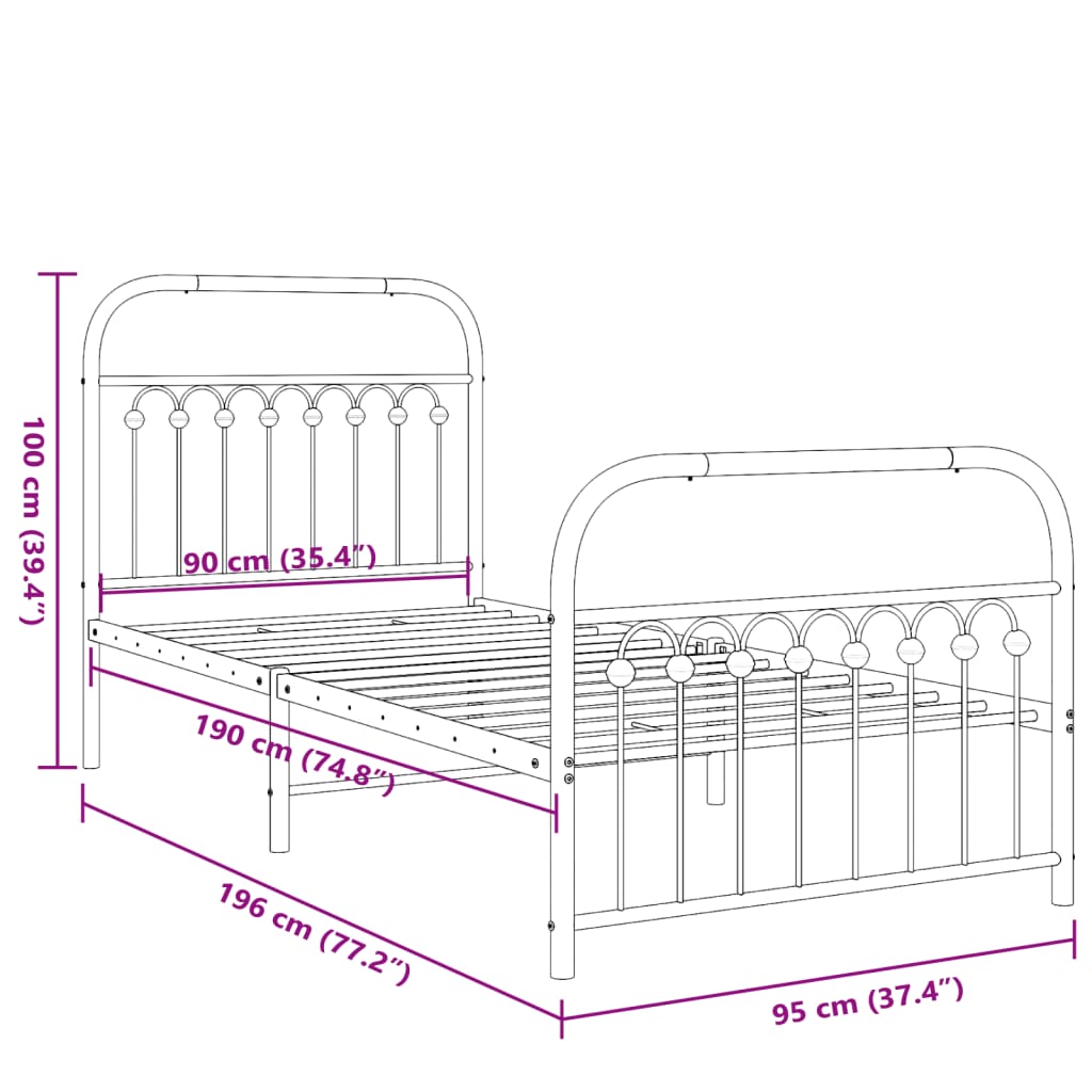 Metal Bed Frame without Mattress with Footboard White 90x190cm