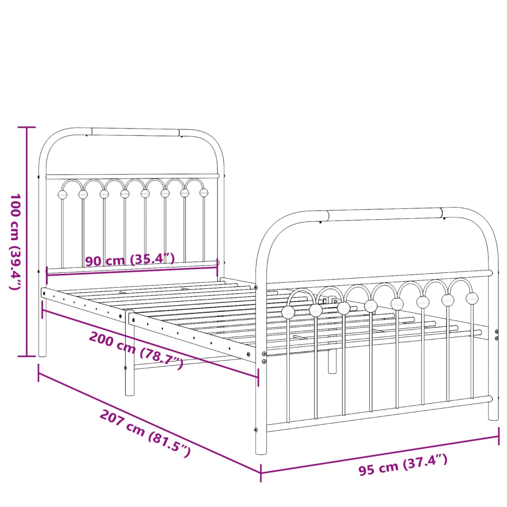 Metal Bed Frame without Mattress with Footboard White 90x200cm