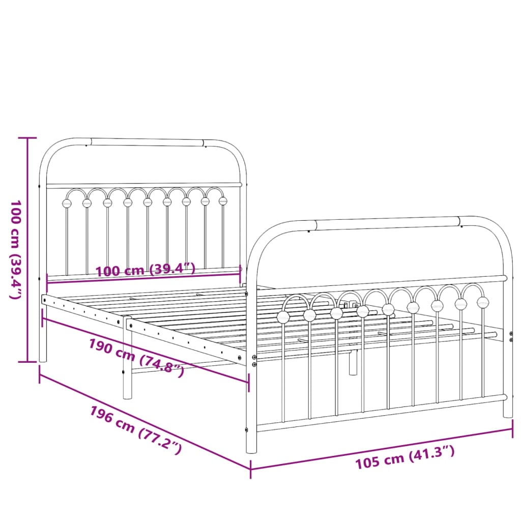 Metal Bed Frame without Mattress with Footboard White 100x190cm
