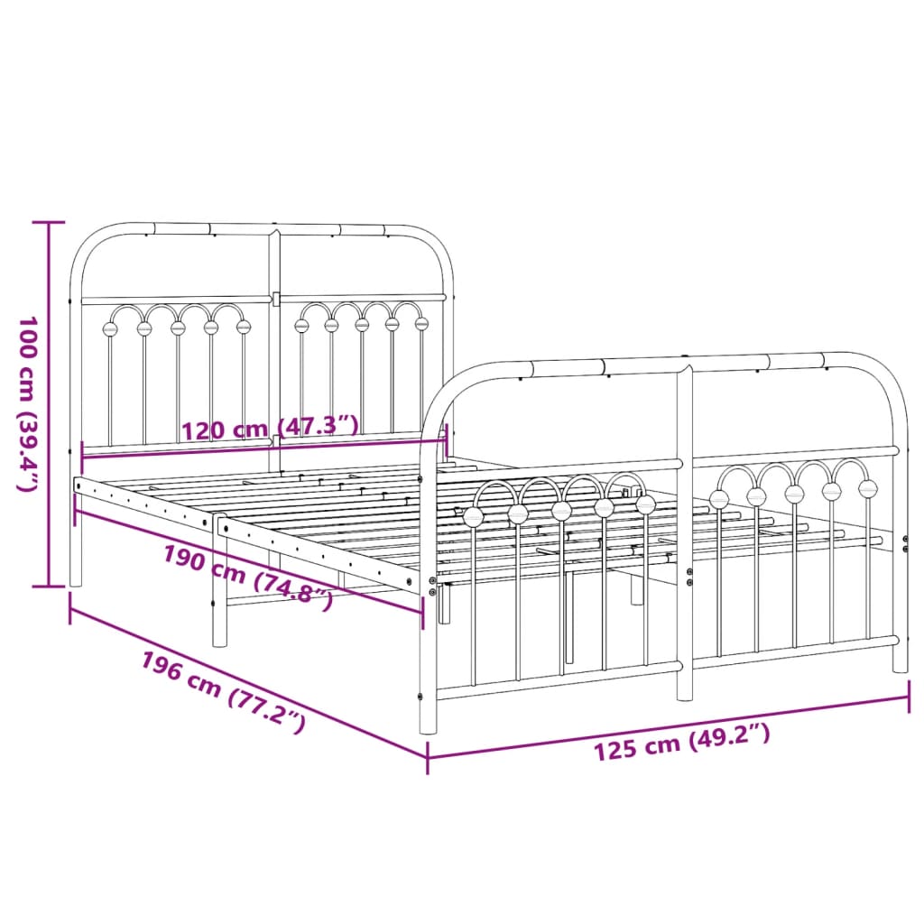 Metal Bed Frame without Mattress with Footboard White 120x190cm