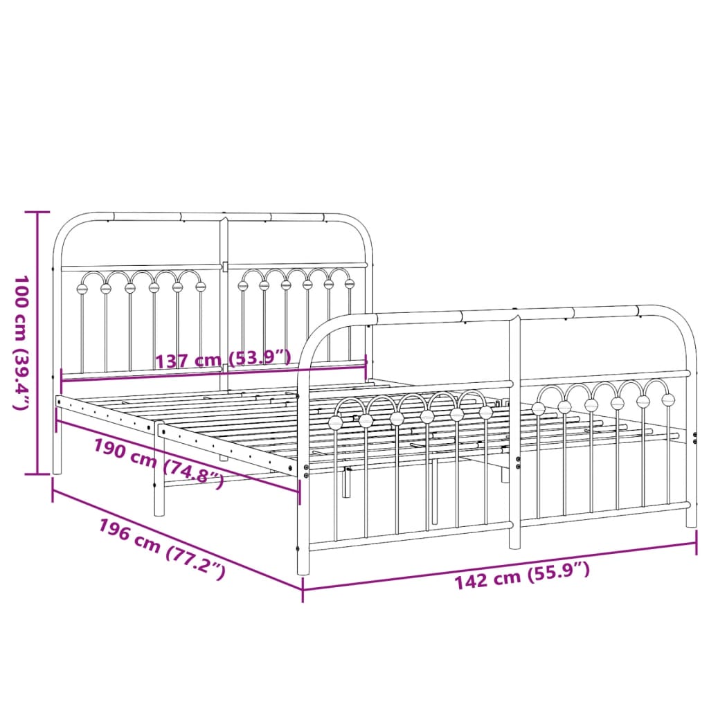 Metal Bed Frame without Mattress with Footboard White 137x190cm