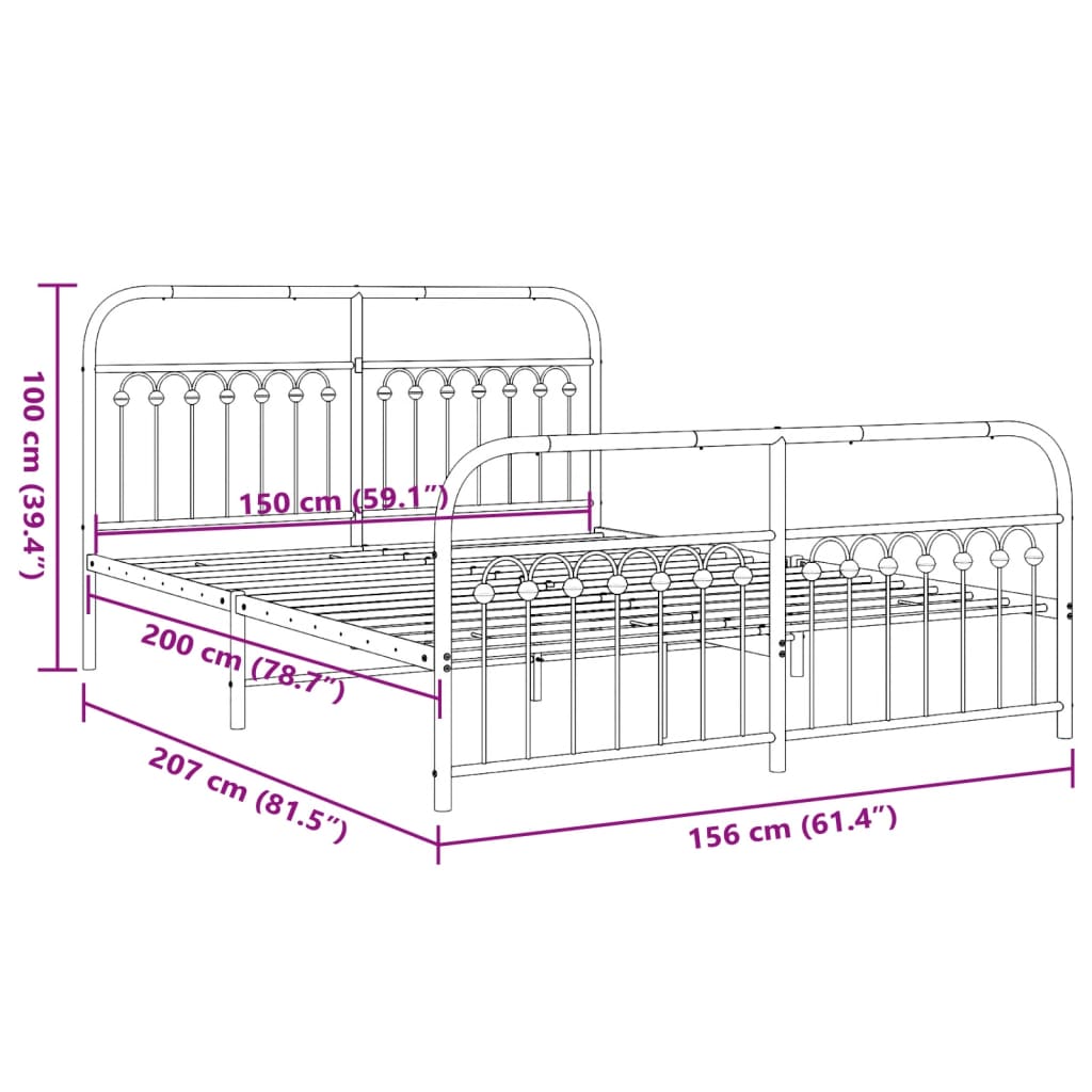 Metal Bed Frame without Mattress with Footboard White 150x200cm