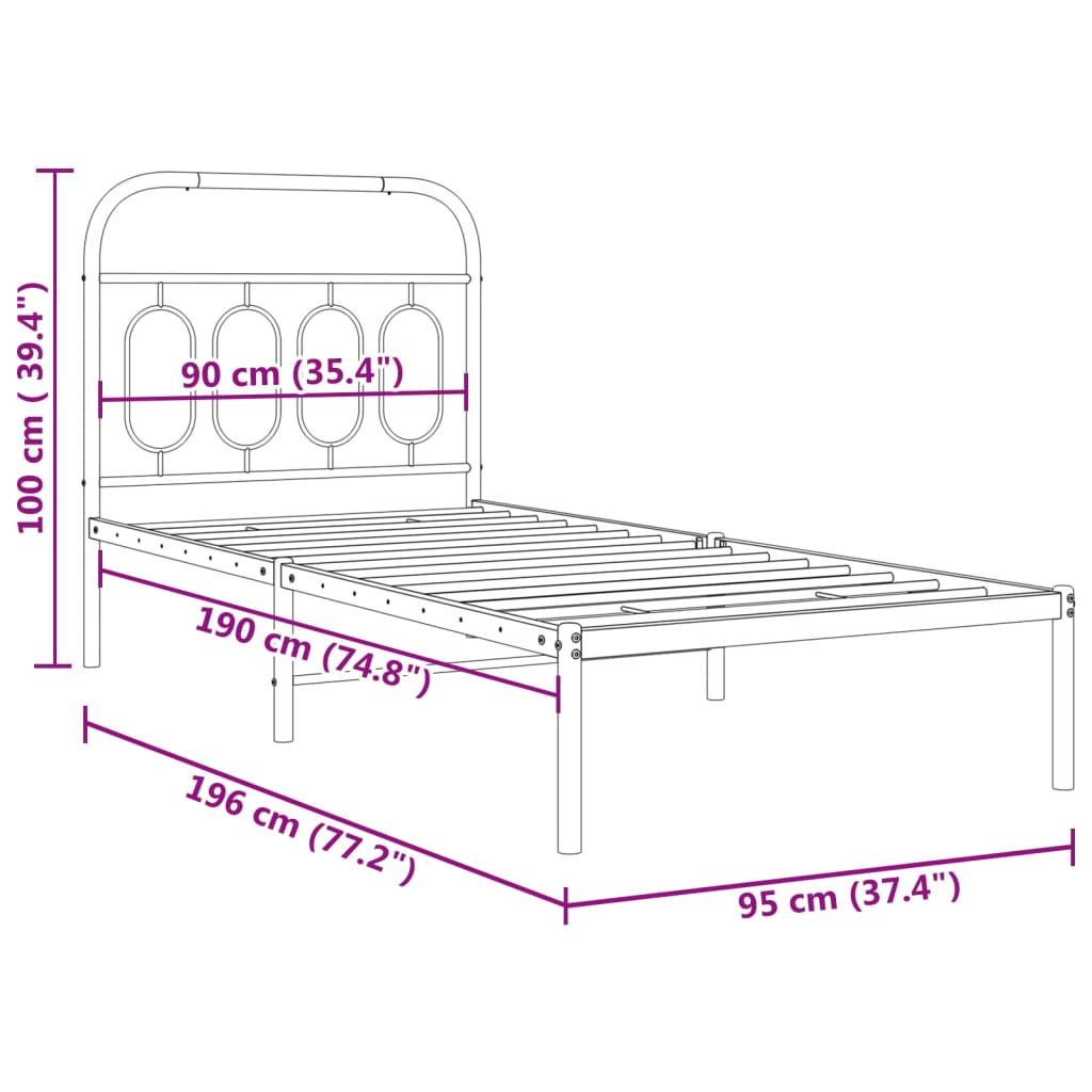 Metal Bed Frame without Mattress with Headboard Black 90x190cm