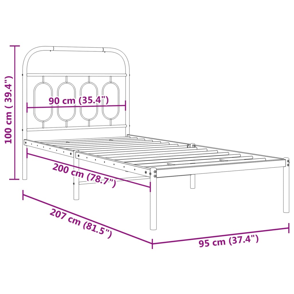 Metal Bed Frame without Mattress with Headboard Black 90x200cm