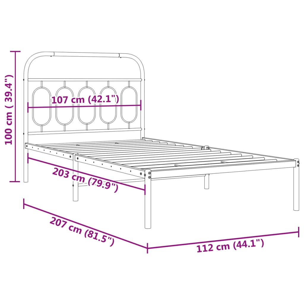 Metal Bed Frame without Mattress with Headboard Black 107x203cm