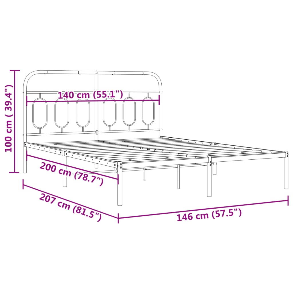 Metal Bed Frame without Mattress with Headboard Black 140x200cm