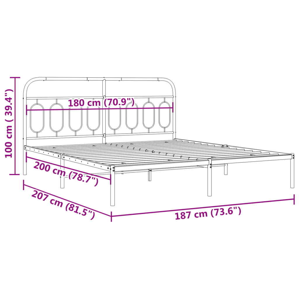 Metal Bed Frame without Mattress with Headboard Black 180x200cm