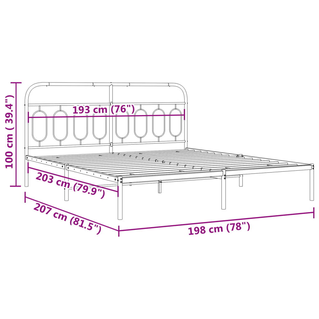 Metal Bed Frame without Mattress with Headboard Black 193x203cm