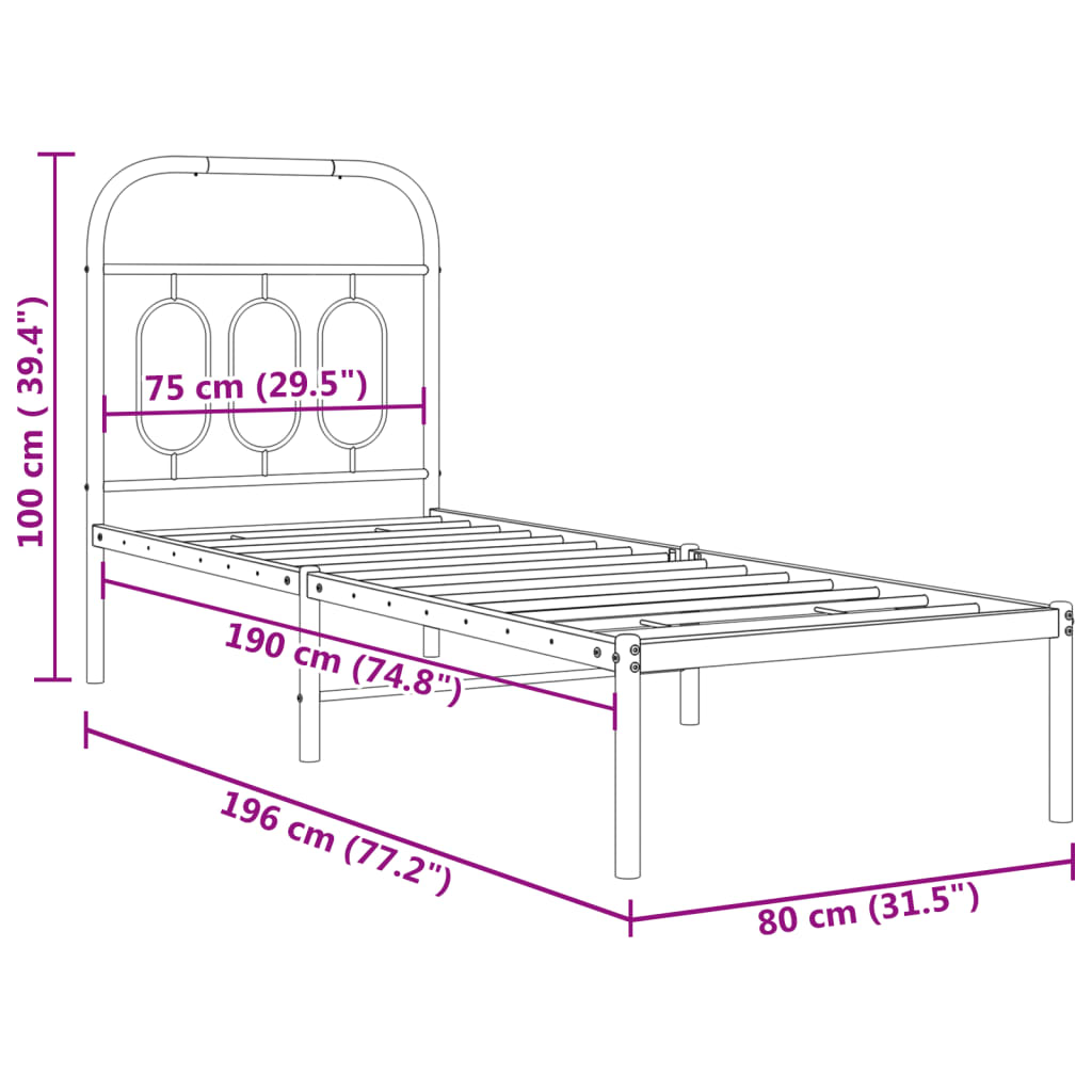 Metal Bed Frame without Mattress with Headboard White 75x190cm