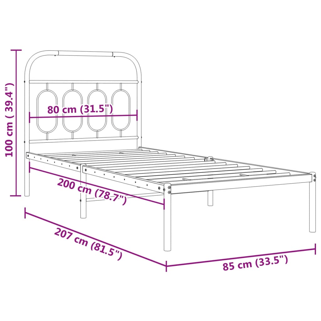 Metal Bed Frame without Mattress with Headboard White 80x200cm