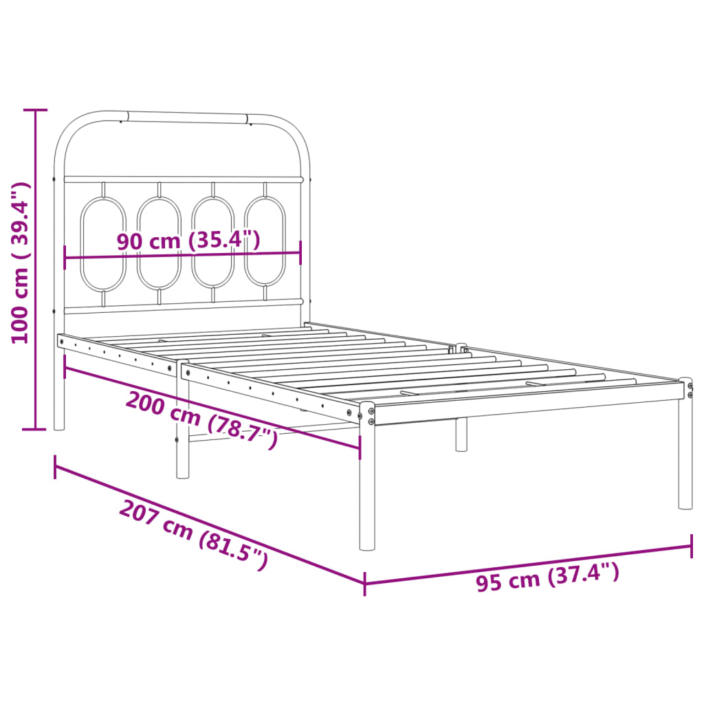 Metal Bed Frame without Mattress with Headboard White 90x200cm