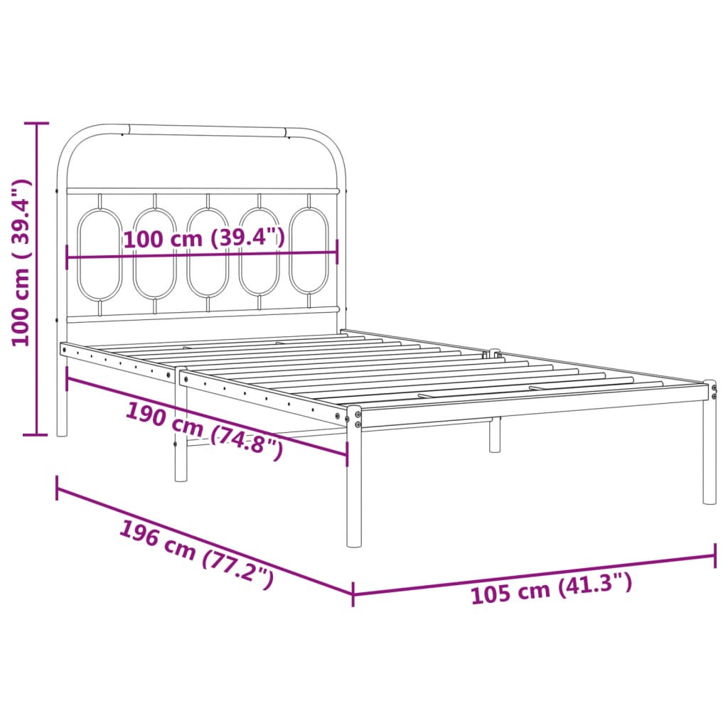 Metal Bed Frame without Mattress with Headboard White 100x190cm
