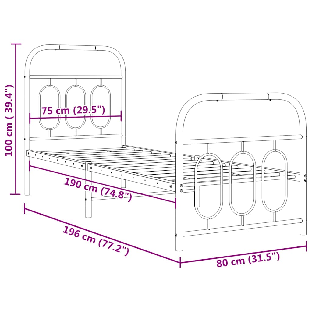 Metal Bed Frame without Mattress with Footboard White 75x190cm