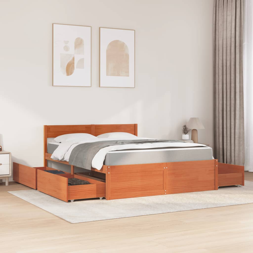 Bed with Drawers and Mattress Wax Brown 160x200 cm Solid Wood Pine