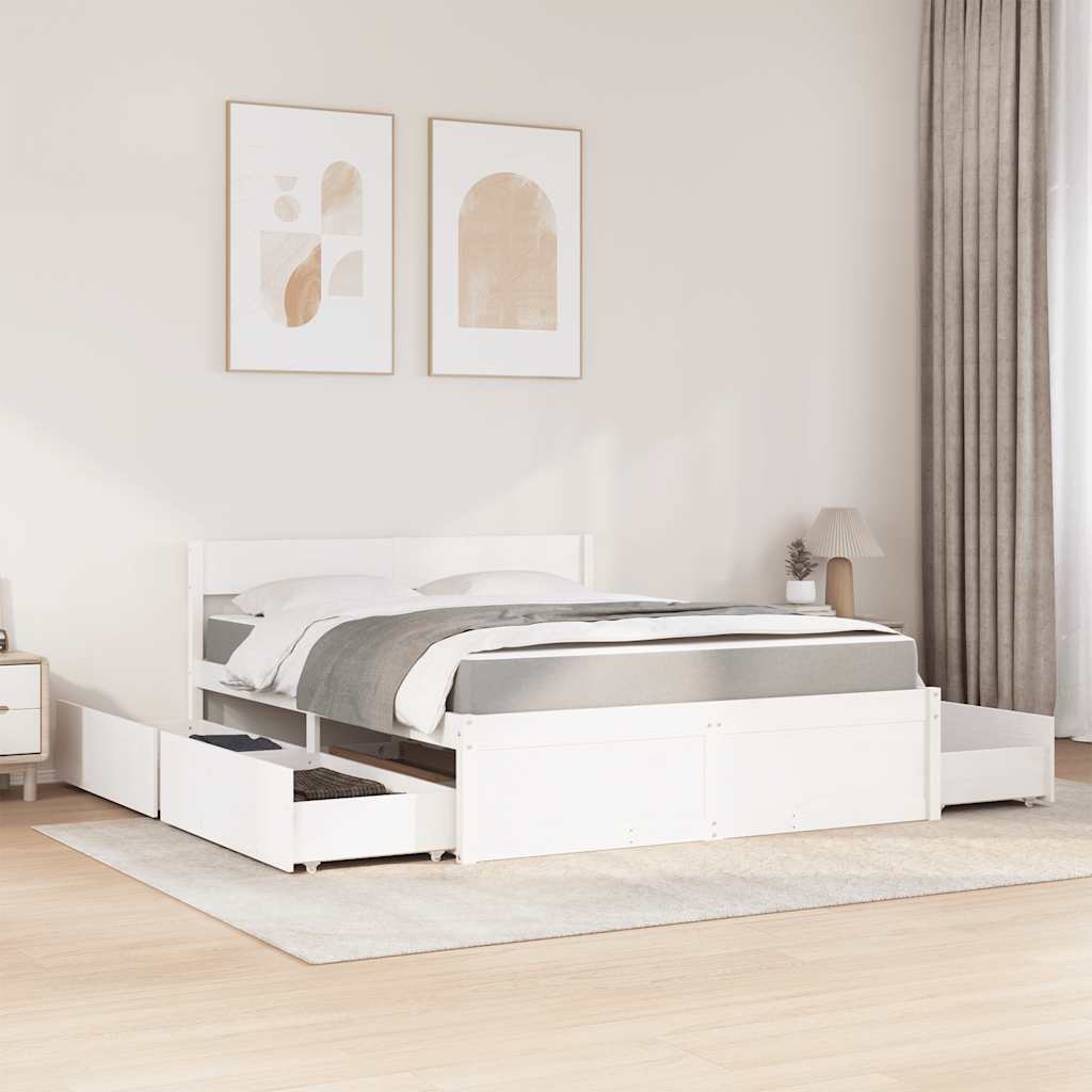 Bed with Drawers and Mattress White 140x200 cm Solid Wood Pine