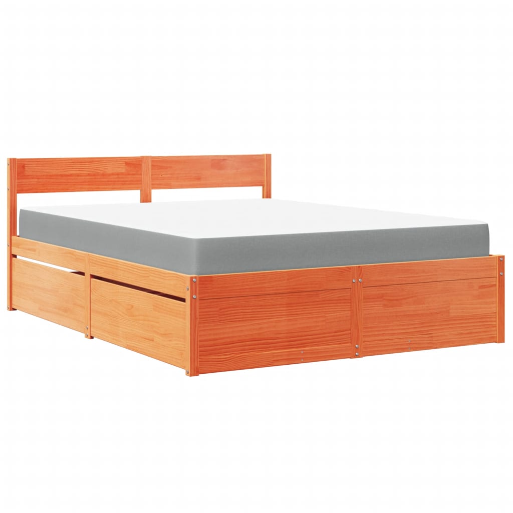 Bed with Drawers and Mattress Wax Brown 140x200 cm Solid Wood Pine