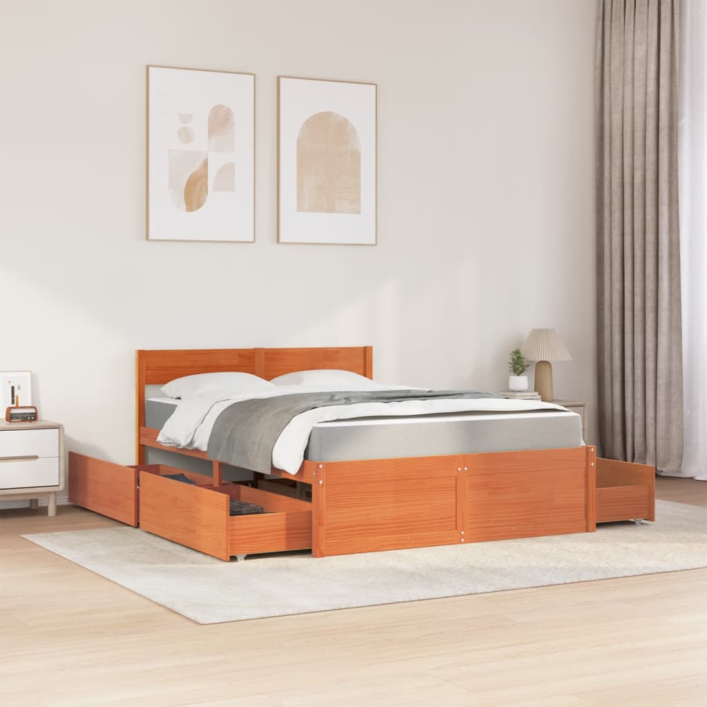 Bed with Drawers and Mattress Wax Brown 120x200 cm Solid Wood Pine