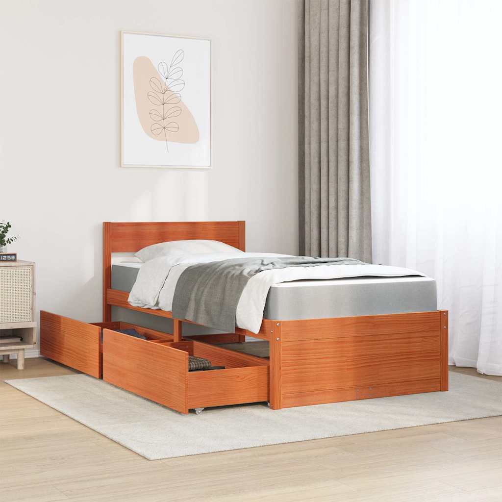 Bed with Drawers and Mattress Wax Brown 90x200 cm Solid Wood Pine