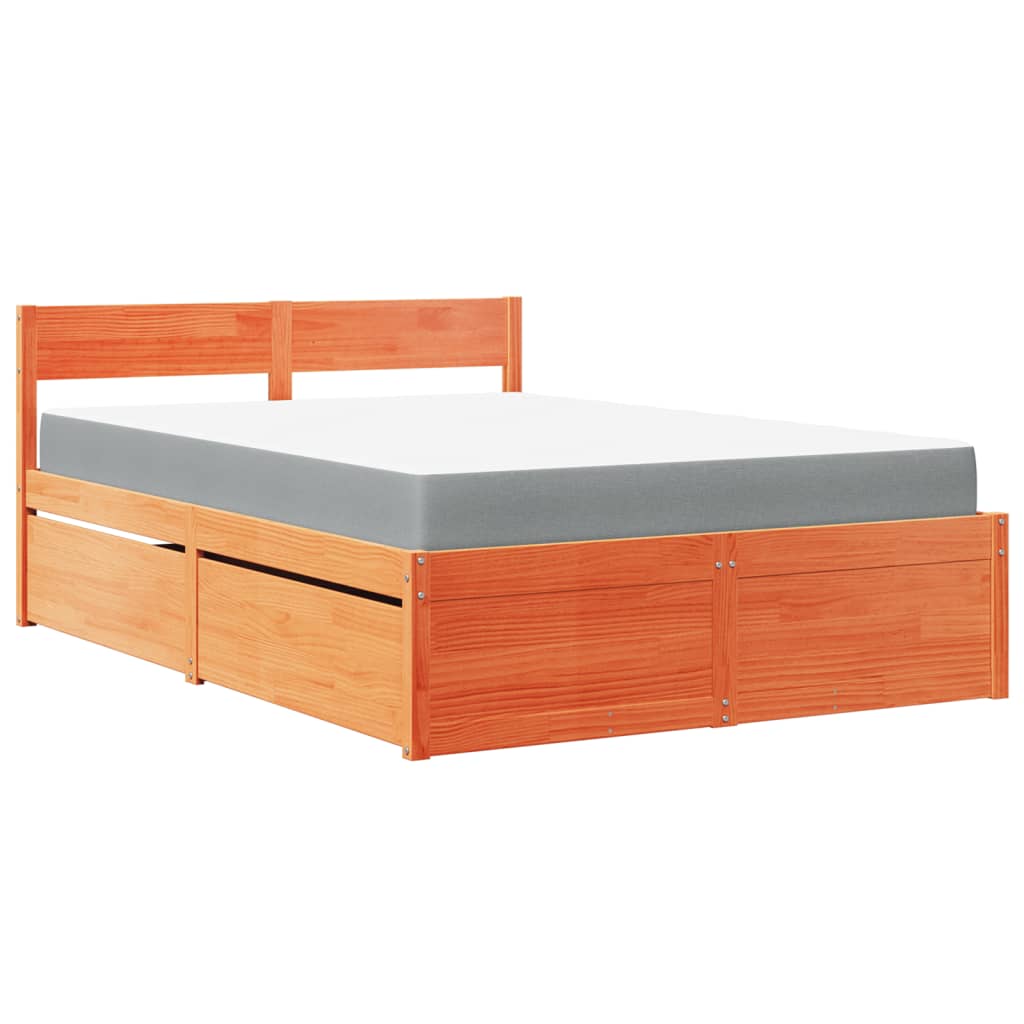 Bed with Drawers and Mattress Wax Brown 140x190 cm Solid Wood Pine