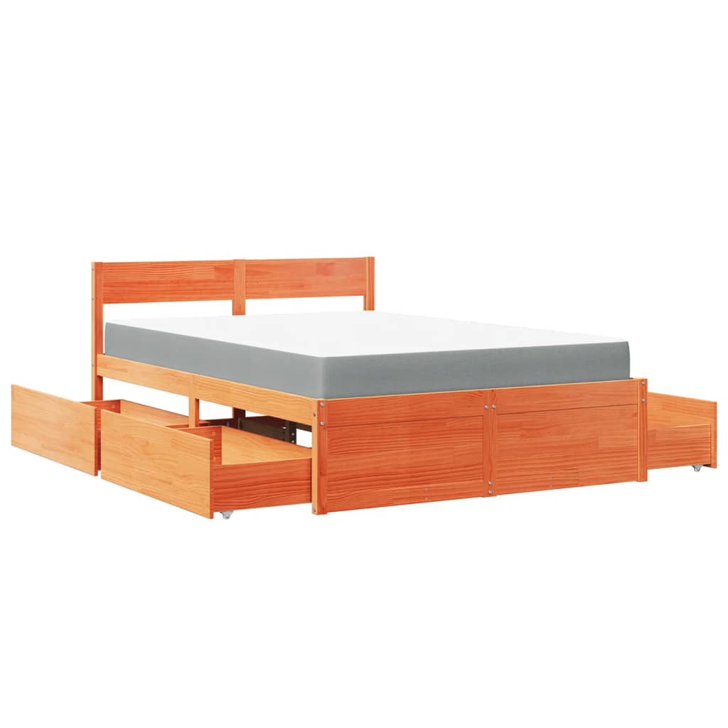 Bed with Drawers and Mattress Wax Brown 140x190 cm Solid Wood Pine
