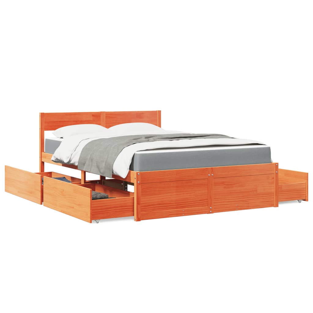 Bed with Drawers and Mattress Wax Brown 140x190 cm Solid Wood Pine