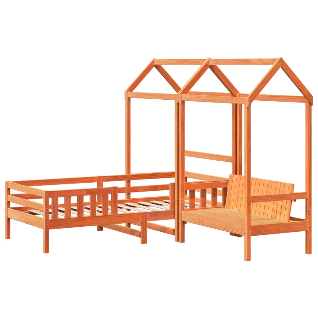 Bed and Bench Set with Roof without Mattress Wax Brown 90x200 cm