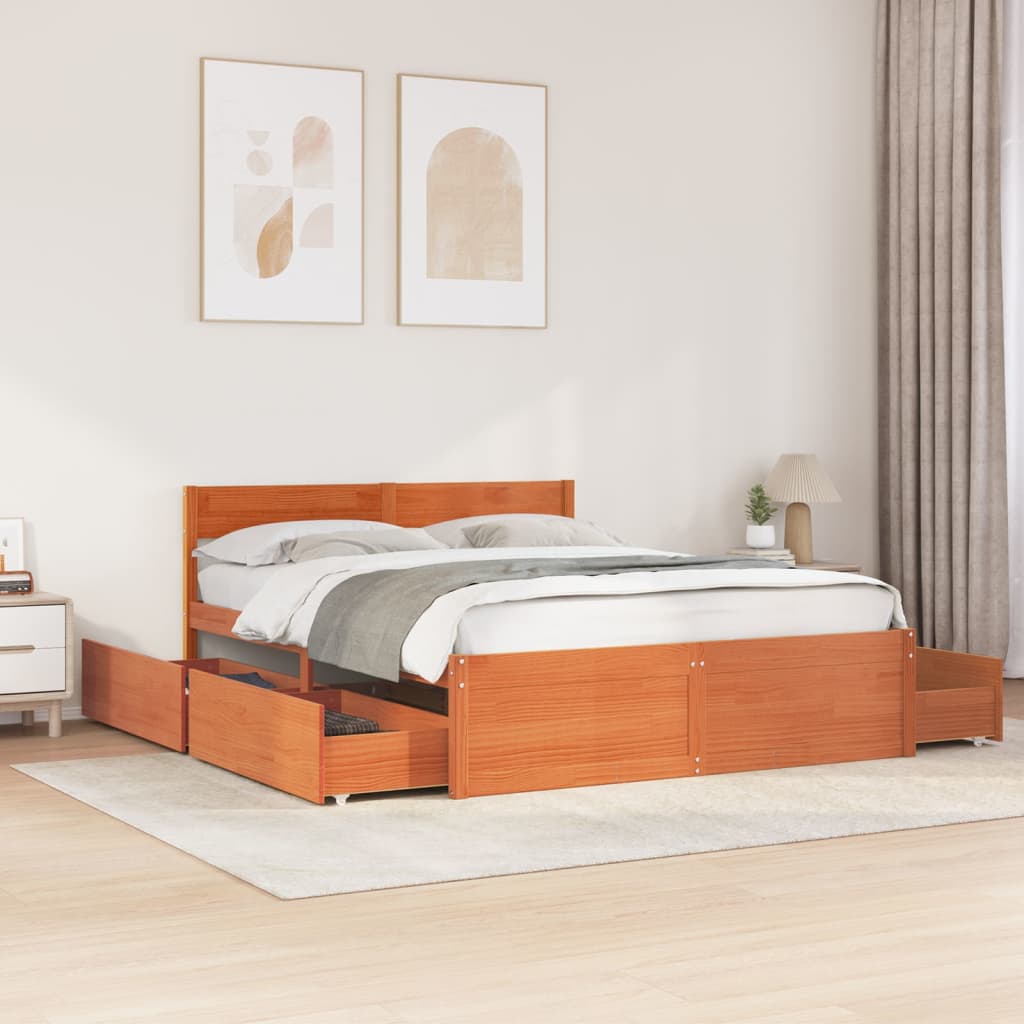 Bed Frame without Mattress Wax Brown 150x200 cm King Size Solid Wood Pine