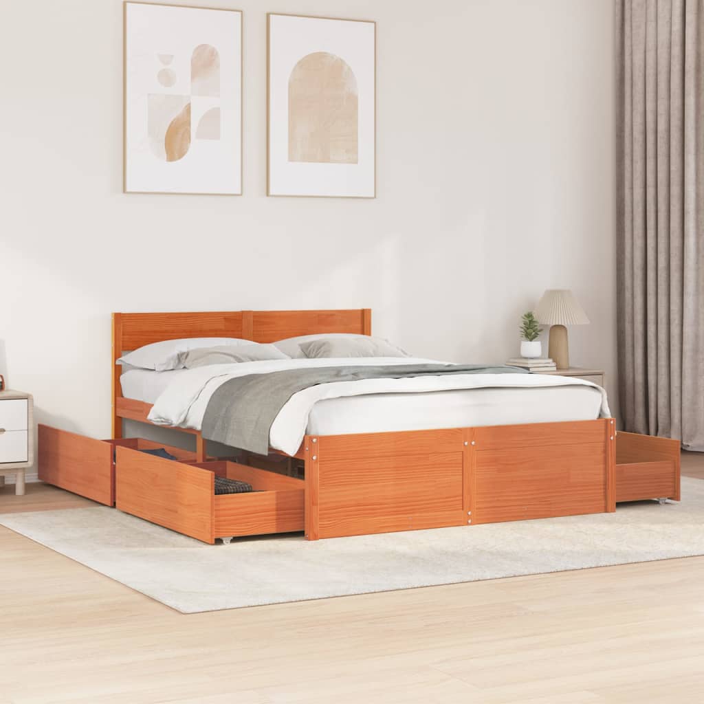 Bed Frame without Mattress Wax Brown 135x190 cm Double Solid Wood Pine
