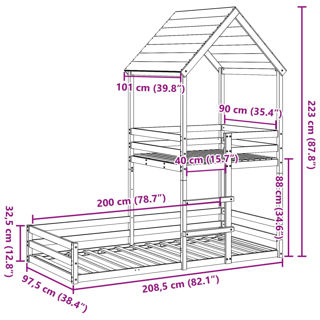 Bunk Bed with Roof White 90x200 cm Solid Wood Pine