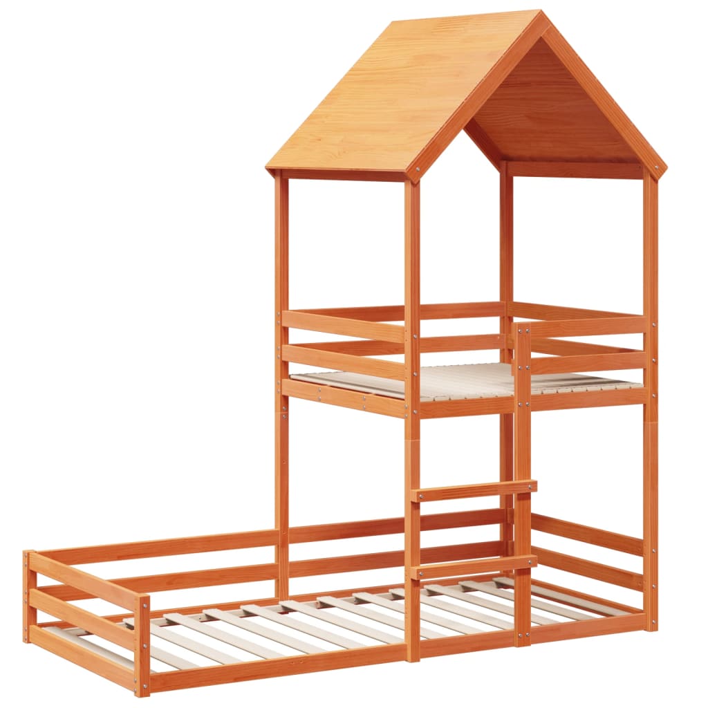 Bunk Bed with Roof Wax Brown 90x200 cm Solid Wood Pine