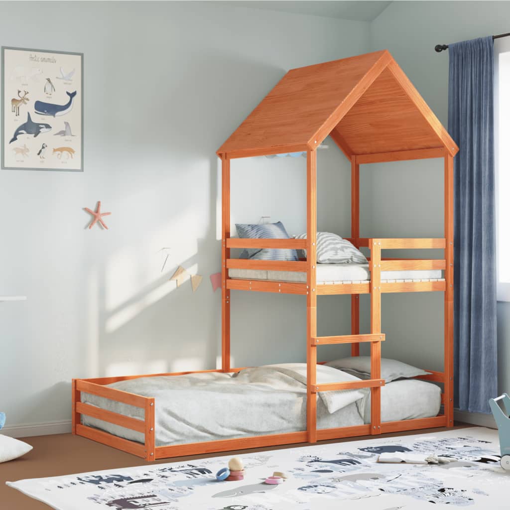 Bunk Bed with Roof Wax Brown 90x200 cm Solid Wood Pine