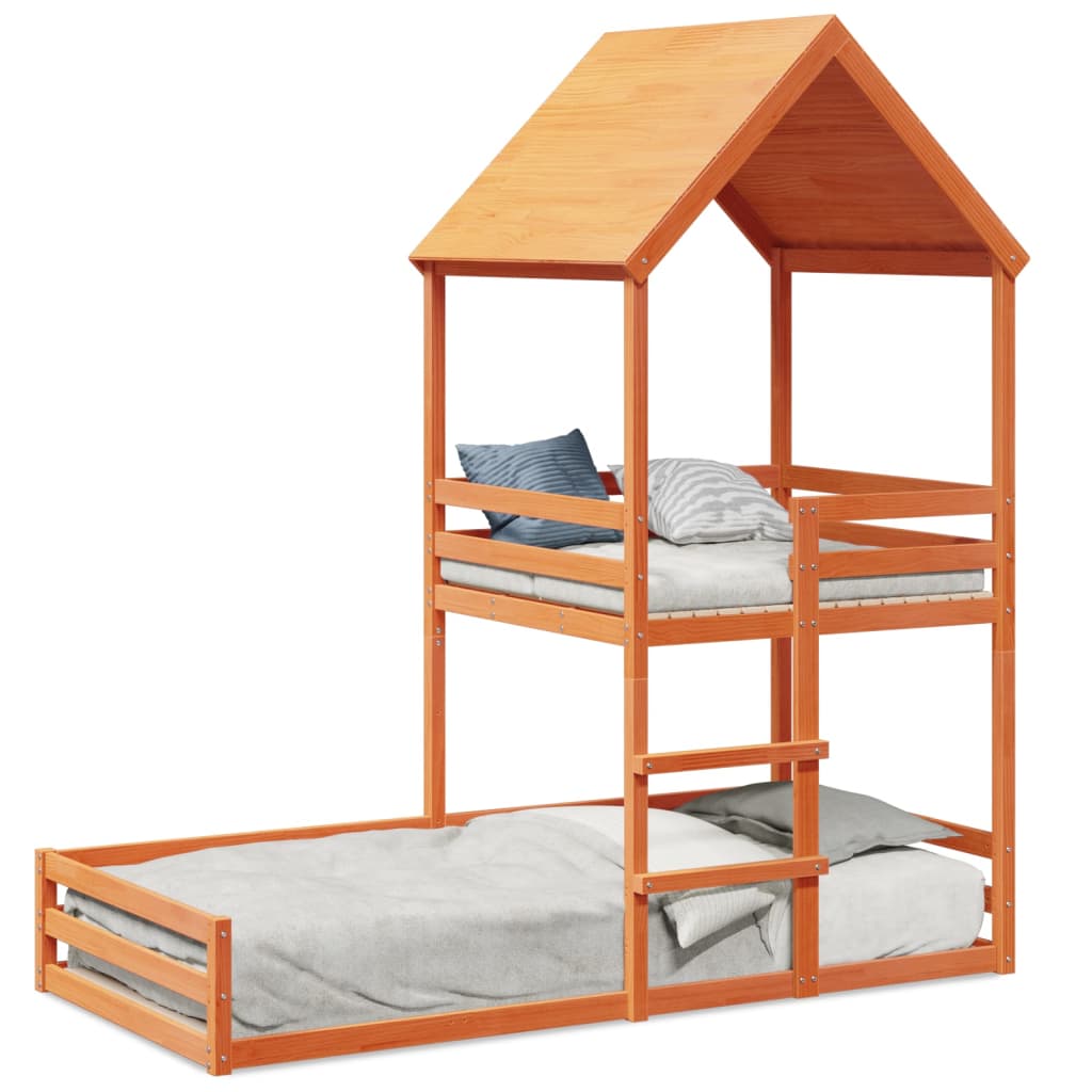 Bunk Bed with Roof Wax Brown 80x200 cm Solid Wood Pine