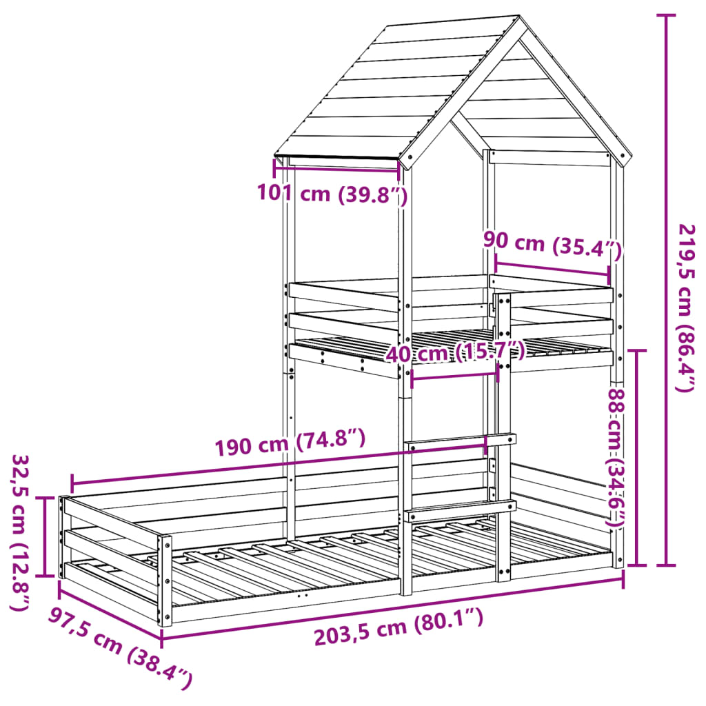 Bunk Bed with Roof 90x190 cm Solid Wood Pine