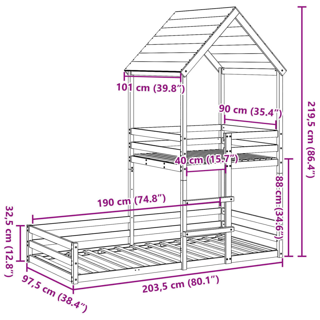 Bunk Bed with Roof Wax Brown 90x190 cm Solid Wood Pine