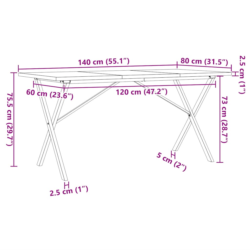 Dining Table X-Frame 140x80x75.5 cm Solid Wood Pine and Steel