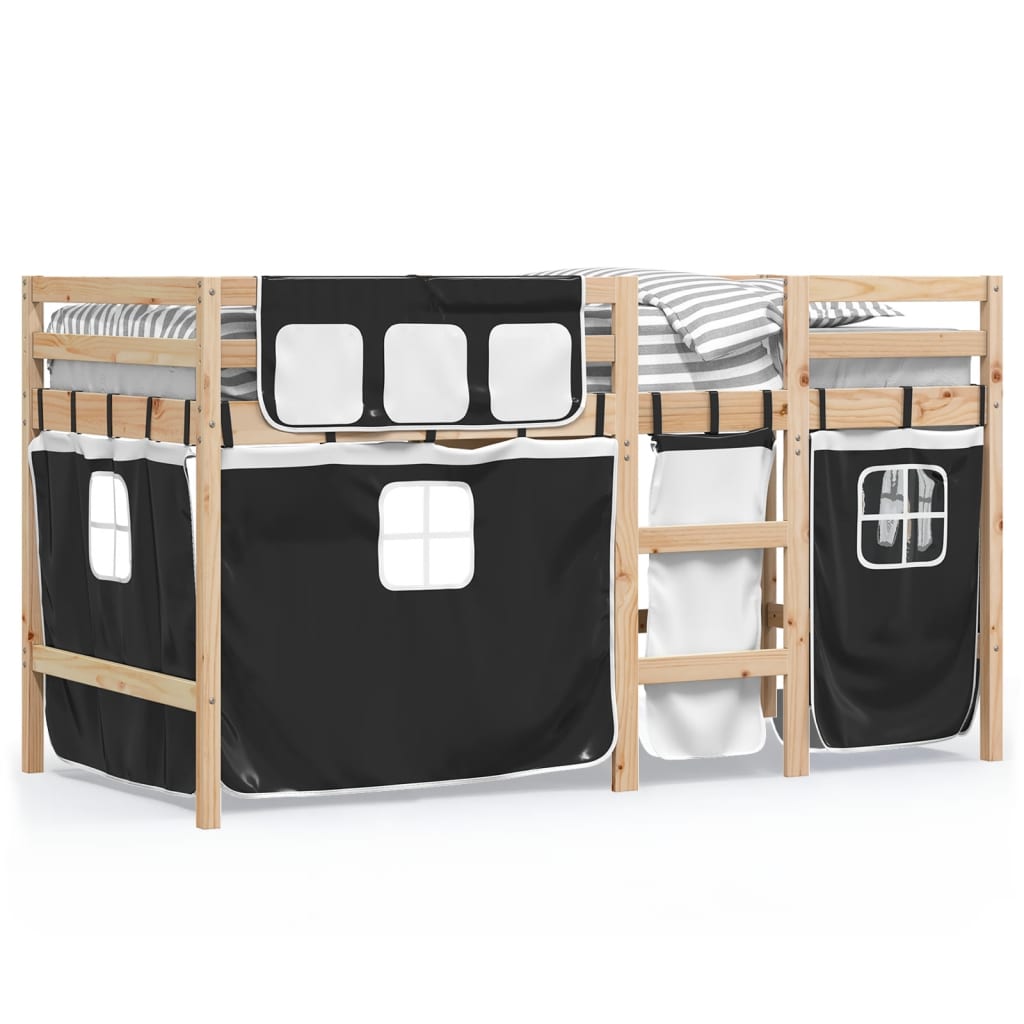 Kids' Loft Bed with Curtains without Mattress White&Black 90x200 cm
