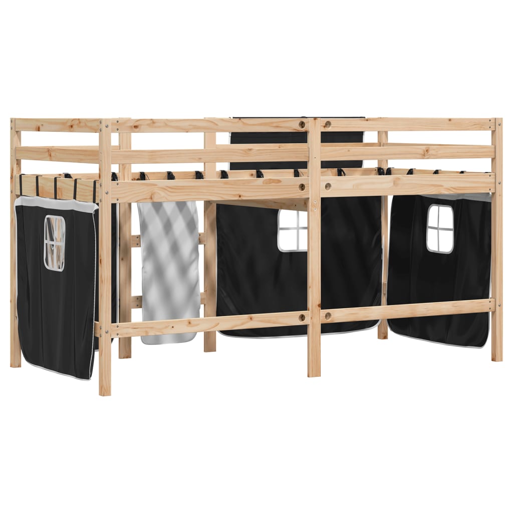 Kids' Loft Bed with Curtains without Mattress White&Black 90x200 cm