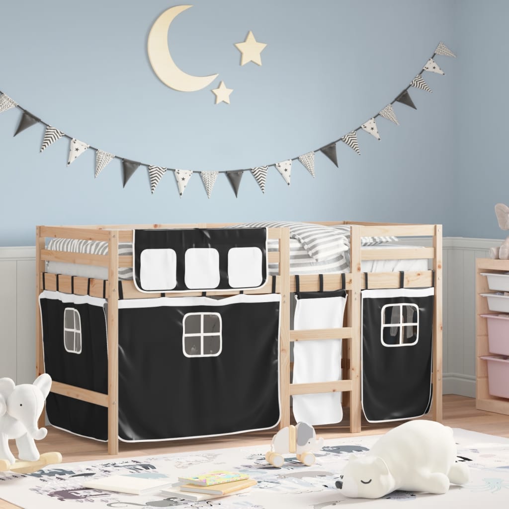 Kids' Loft Bed with Curtains without Mattress White&Black 90x200 cm