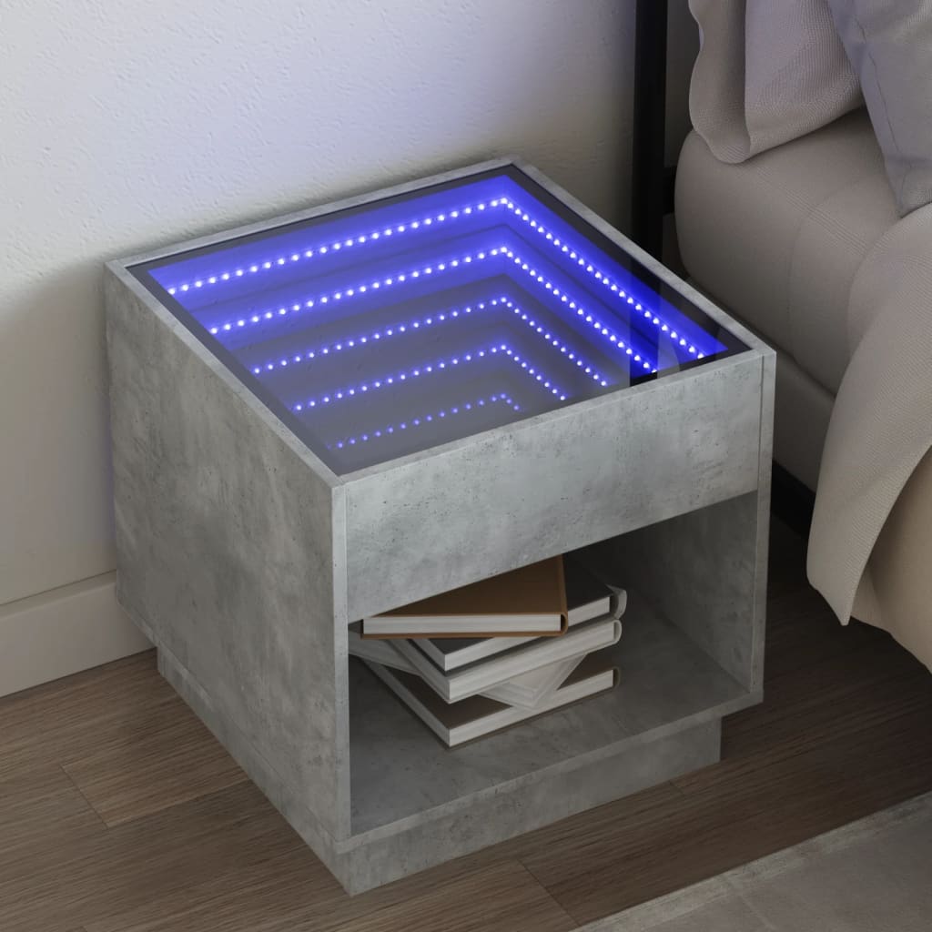 Bedside Table with Infinity LED Concrete Grey 50x50x50 cm