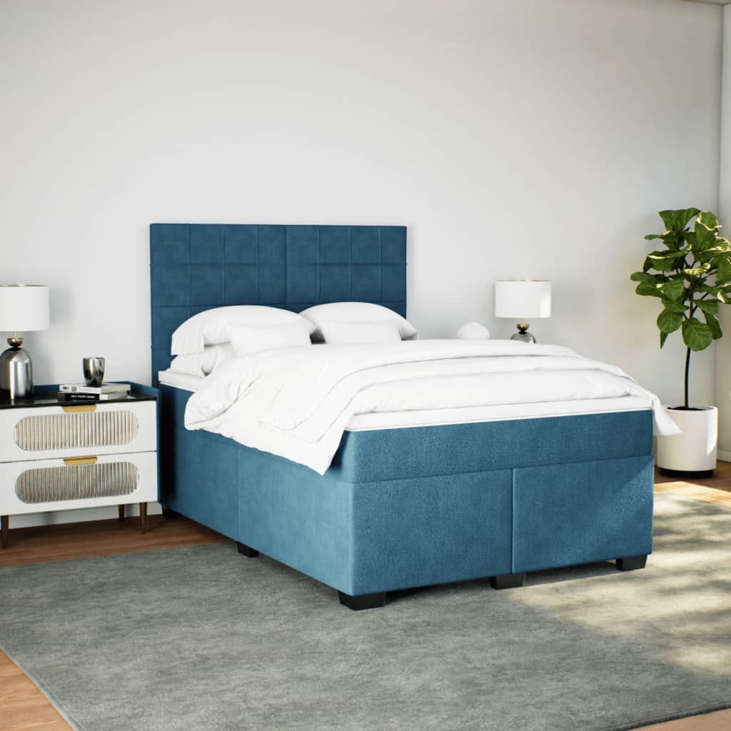 Box Spring Bed with Mattress Blue 140x190 cm Velvet
