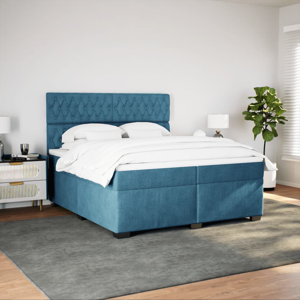 Box Spring Bed with Mattress Blue 200x200 cm Velvet