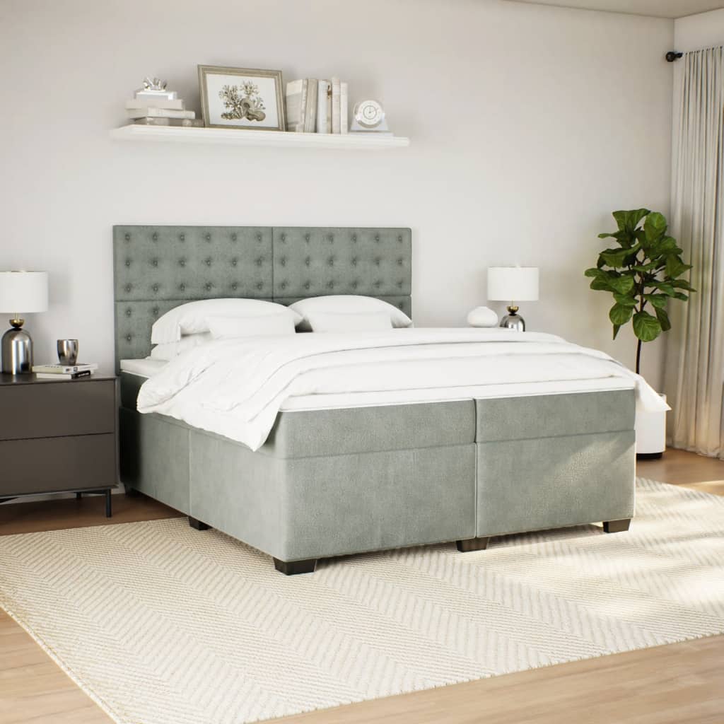 Box Spring Bed with Mattress Light Grey 200x200 cm Velvet
