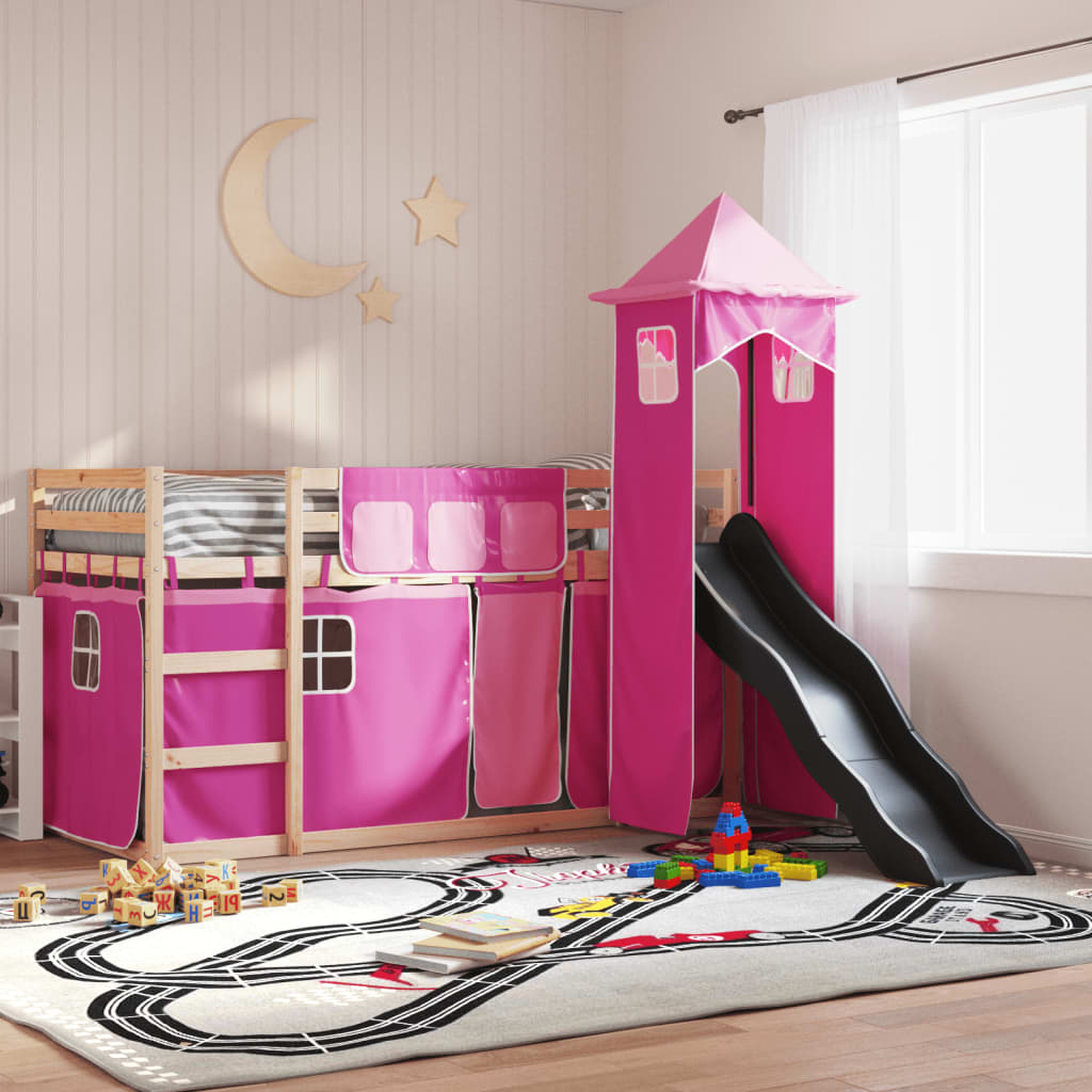 Bunk Bed without Mattress with Slide and Curtains Pink 90x200 cm