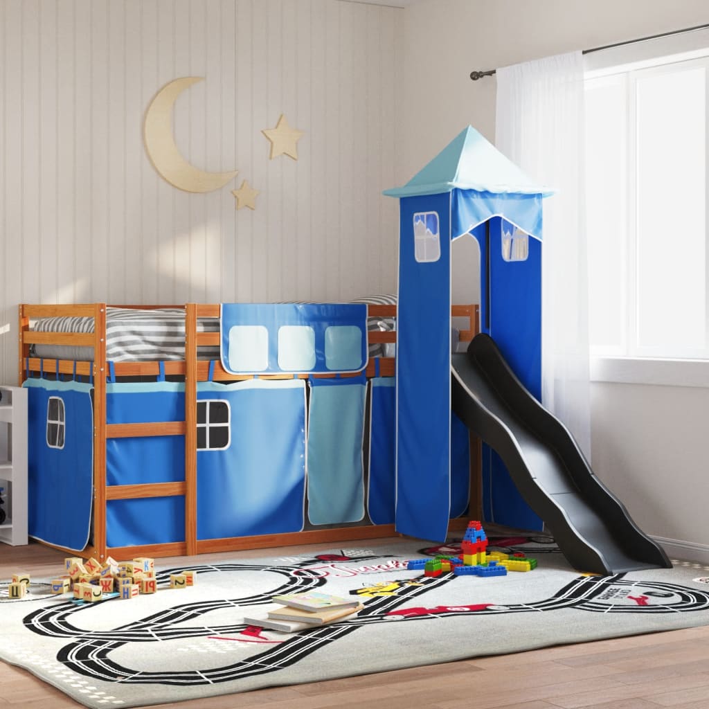 Bunk Bed without Mattress with Slide and Curtains Blue 90x200 cm
