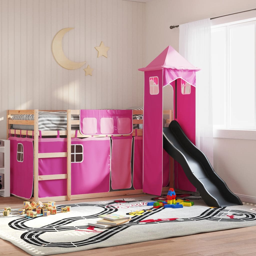 Bunk Bed without Mattress with Slide and Curtains Pink 90x190 cm Single