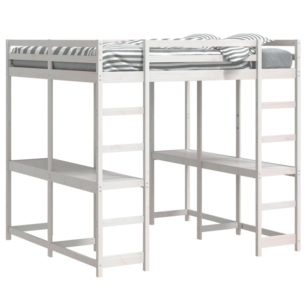 Loft Bed with Desk and Ladder White 180x200 cm Super King Solid Wood Pine