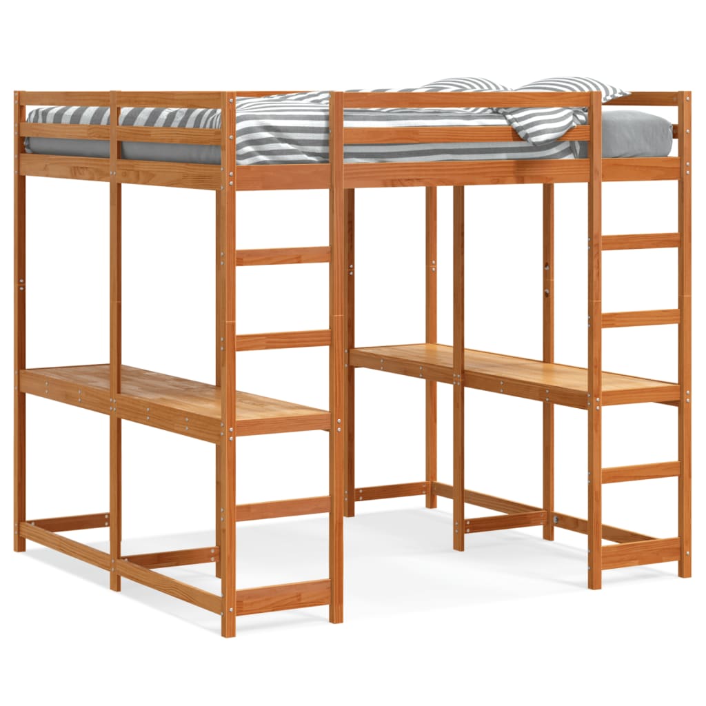 Loft Bed with Desk and Ladder Wax Brown 160x200 cm Solid Wood Pine